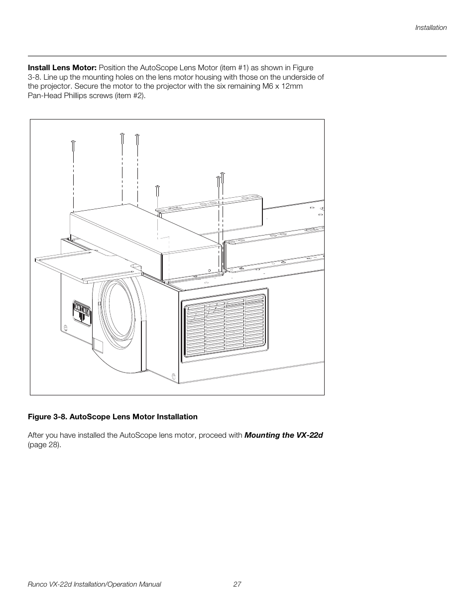 Install lens motor, Figure 3-8 . autoscope lens motor installation, 8. autoscope lens motor installation | Pre l iminar y | Runco VIDEO XTREME VX-22D User Manual | Page 41 / 90