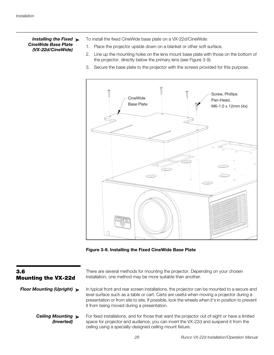 6 mounting the vx-22d, Floor mounting (upright), Ceiling mounting (inverted) | Mounting the vx-22d, Iminar, 9. installing the fixed cinewide base plate, Pre l iminar y | Runco VIDEO XTREME VX-22D User Manual | Page 42 / 90