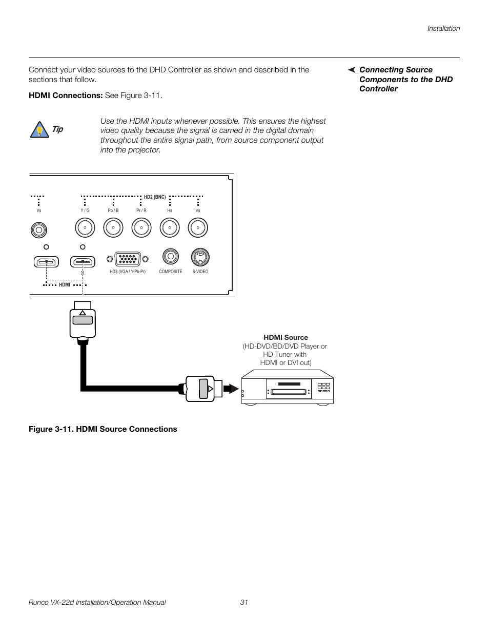 Connecting source components to the dhd controller, Hdmi connections, Figure 3-11 . hdmi source connections | 11. hdmi source connections, Pre l iminar y | Runco VIDEO XTREME VX-22D User Manual | Page 45 / 90