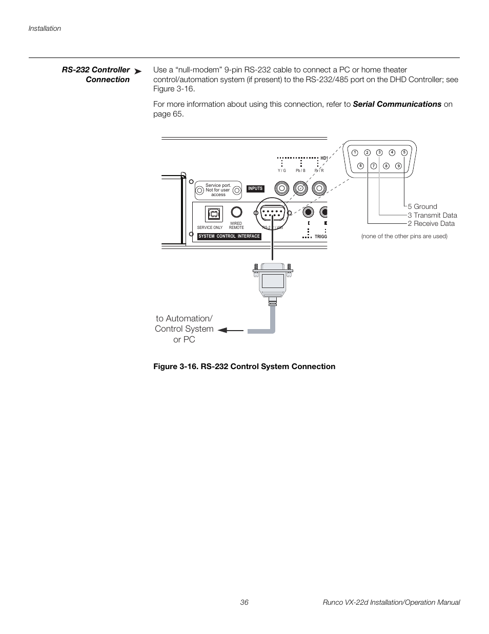 Rs-232 controller connection, Figure 3-16 . rs-232 control system connection, 16. rs-232 control system connection | Pre l iminar y | Runco VIDEO XTREME VX-22D User Manual | Page 50 / 90