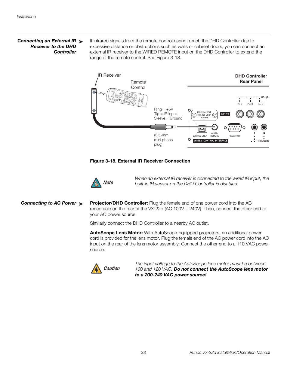 Figure 3-18 . external ir receiver connection, Connecting to ac power, Projector/dhd controller | Autoscope lens motor, 18. external ir receiver connection, Pre l iminar y | Runco VIDEO XTREME VX-22D User Manual | Page 52 / 90