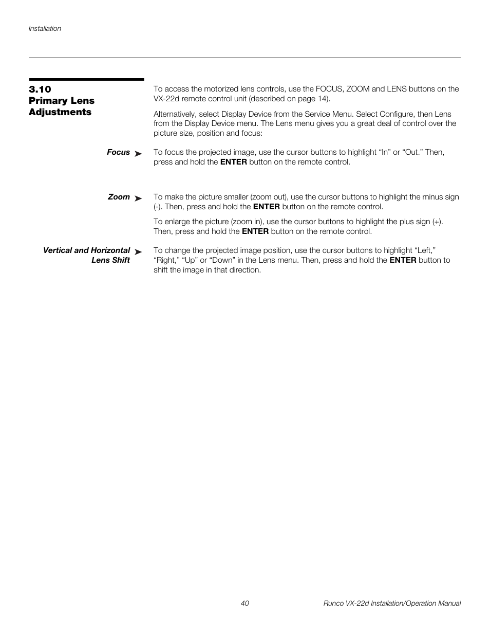 10 primary lens adjustments, Focus, Zoom | Vertical and horizontal lens shift, Iminar, Primary lens adjustments, Pre l iminar y | Runco VIDEO XTREME VX-22D User Manual | Page 54 / 90