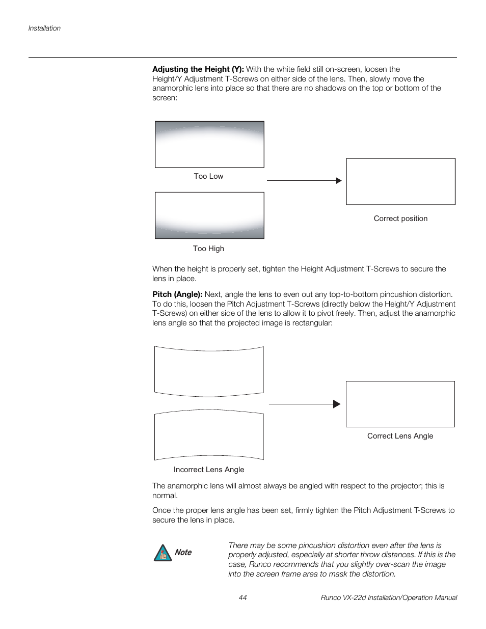 Adjusting the height (y), Pitch (angle), Pre l iminar y | Runco VIDEO XTREME VX-22D User Manual | Page 58 / 90