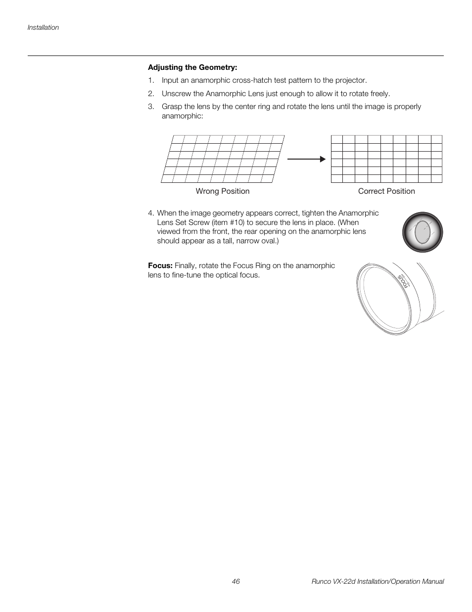 Adjusting the geometry, Focus, Pre l iminar y | Runco VIDEO XTREME VX-22D User Manual | Page 60 / 90