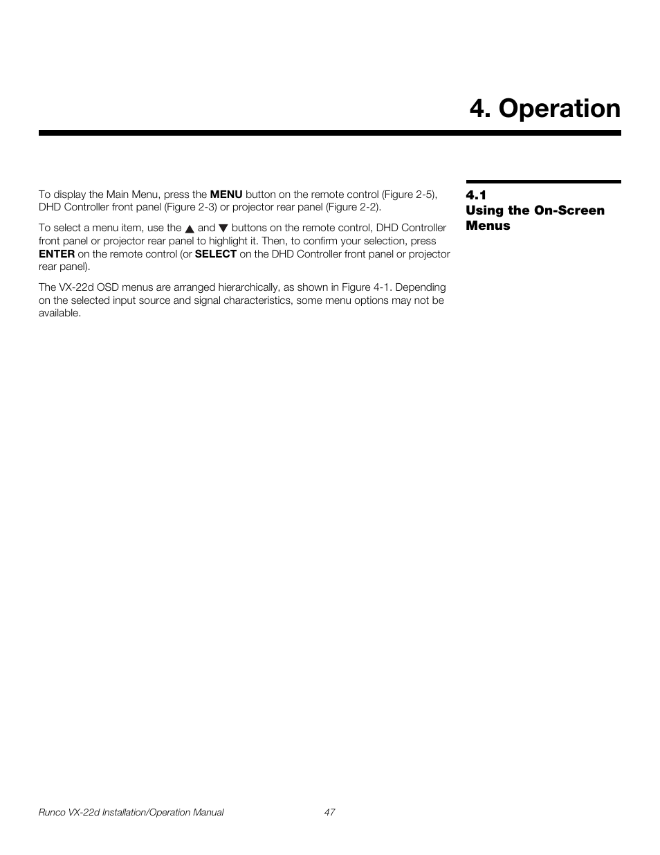 Operation, 1 using the on-screen menus, Using the on-screen menus | Pre l iminar y | Runco VIDEO XTREME VX-22D User Manual | Page 61 / 90