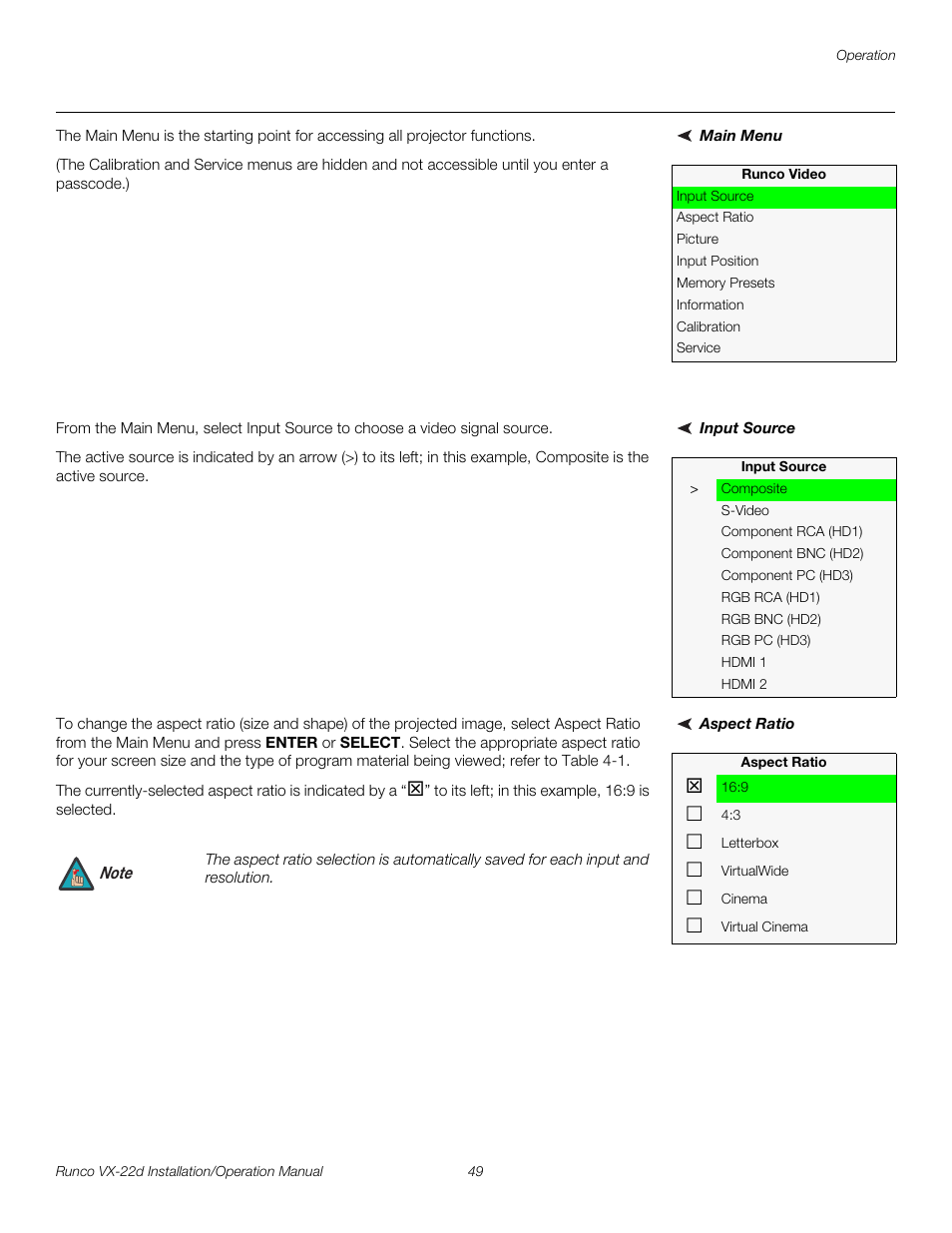 Main menu, Input source, Aspect ratio | Pre l iminar y | Runco VIDEO XTREME VX-22D User Manual | Page 63 / 90