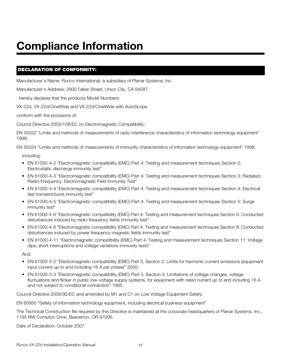 Compliance information, Pre l iminar y | Runco VIDEO XTREME VX-22D User Manual | Page 7 / 90