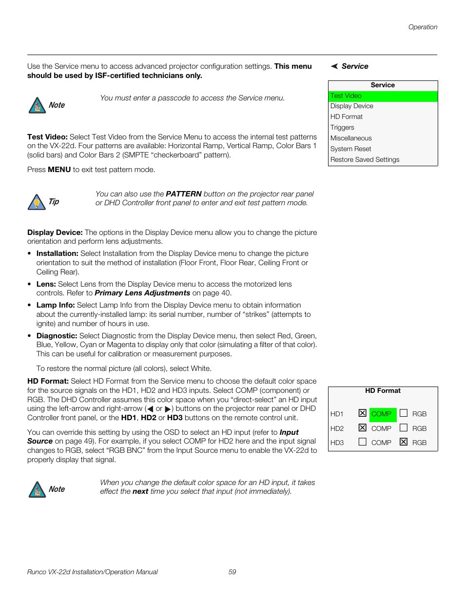 Service, Test video, Display device | Hd format, Pre l iminar y | Runco VIDEO XTREME VX-22D User Manual | Page 73 / 90