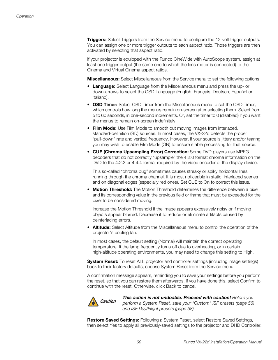 Triggers, Miscellaneous, System reset | Restore saved settings, Iminar, Restore saved settings in, D restore saved settings, Pre l iminar y | Runco VIDEO XTREME VX-22D User Manual | Page 74 / 90