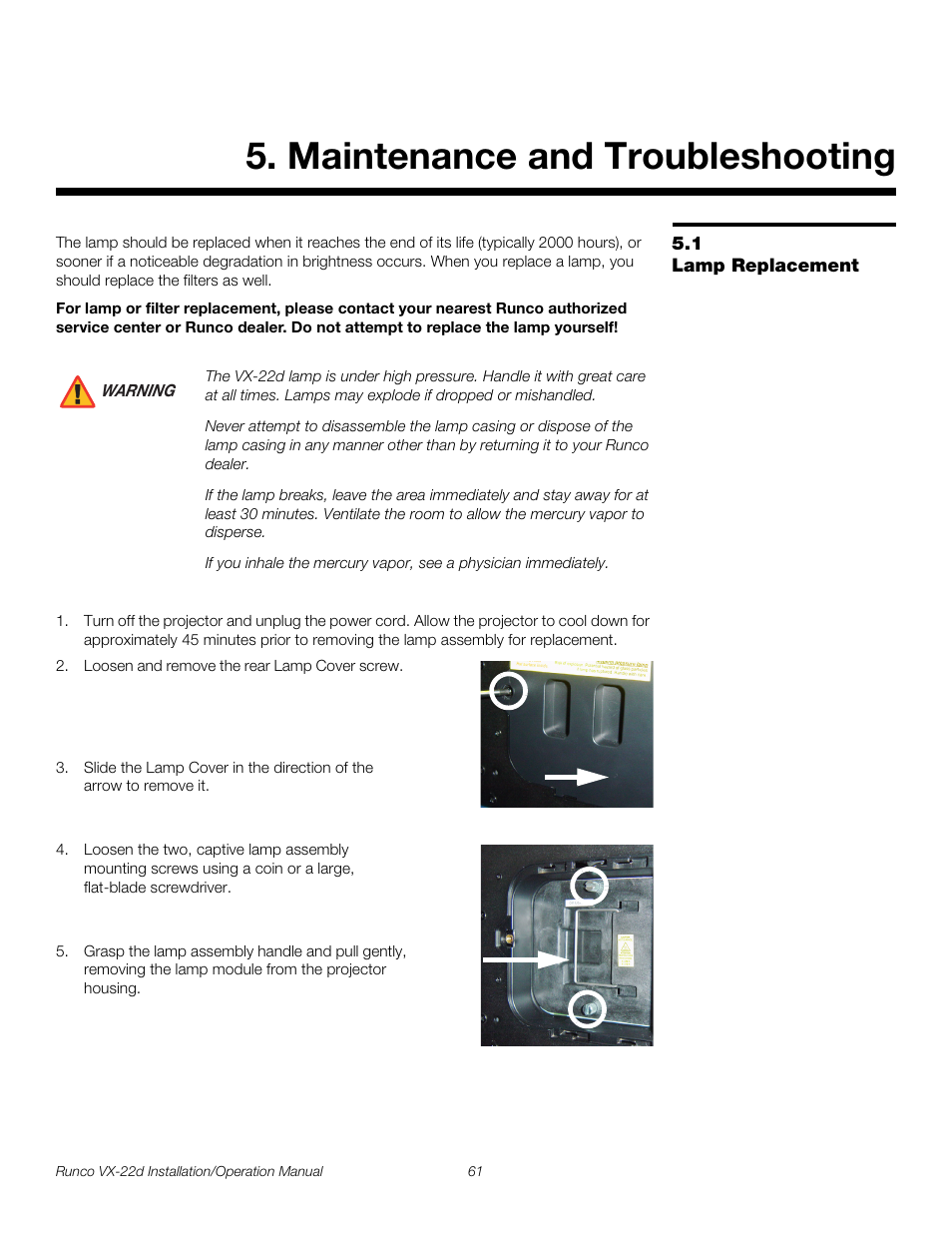 Maintenance and troubleshooting, 1 lamp replacement, Lamp replacement | Pre l iminar y | Runco VIDEO XTREME VX-22D User Manual | Page 75 / 90