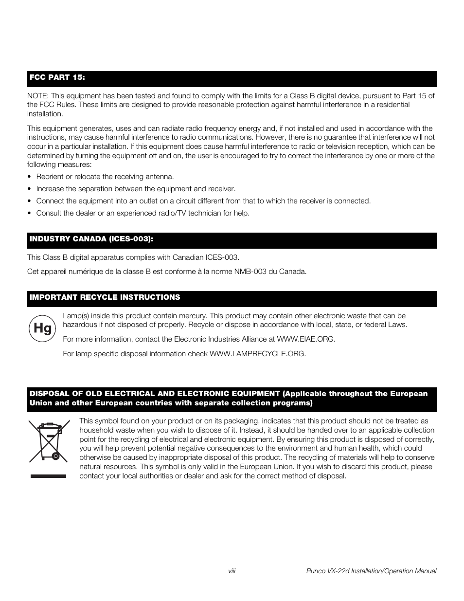 Pre l iminar y | Runco VIDEO XTREME VX-22D User Manual | Page 8 / 90