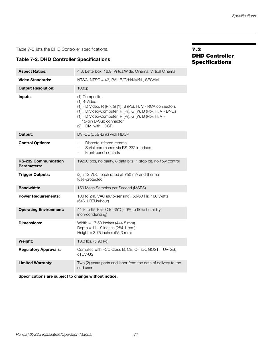 2 dhd controller specifications, Table 7-2 . dhd controller specifications, Dhd controller specifications | Table 7-2, Pre l iminar y | Runco VIDEO XTREME VX-22D User Manual | Page 85 / 90