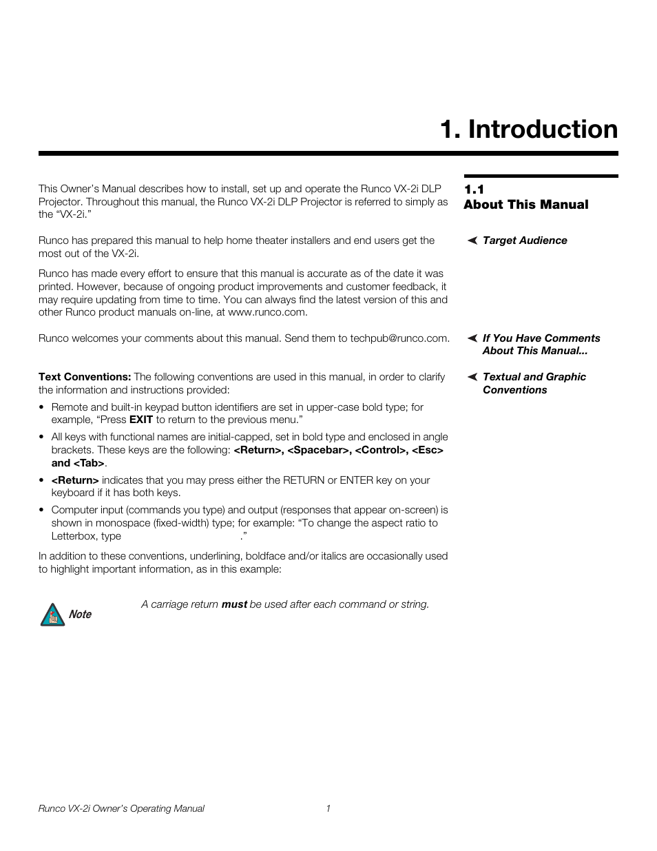 Introduction, 1 about this manual, Target audience | If you have comments about this manual, Textual and graphic conventions, Text conventions, About this manual | Runco VX-2i User Manual | Page 11 / 60