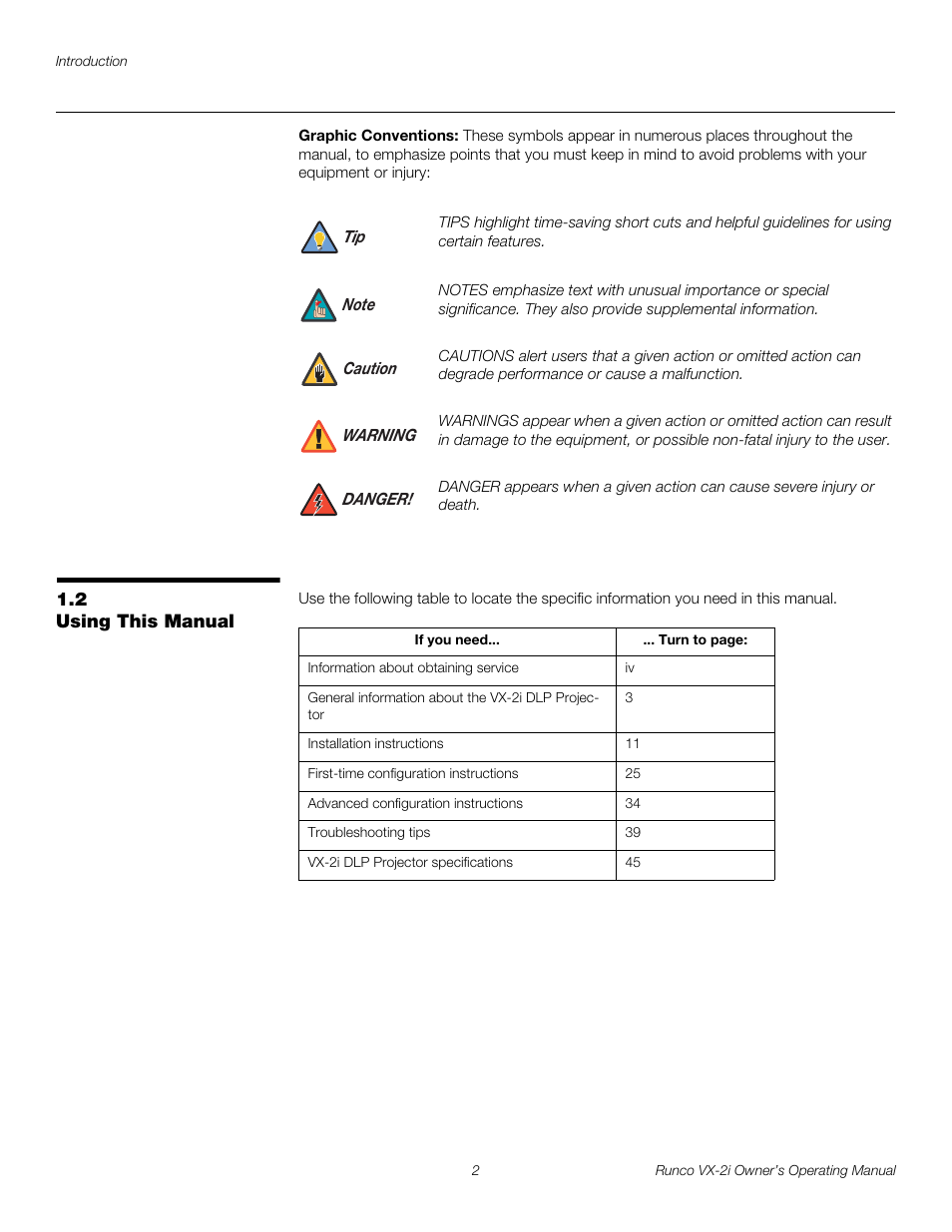 Graphic conventions, 2 using this manual, Using this manual | Runco VX-2i User Manual | Page 12 / 60