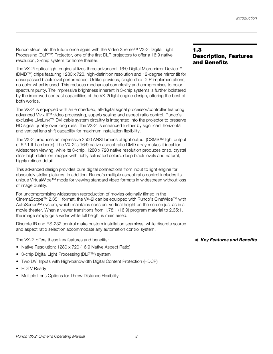 3 description, features and benefits, Key features and benefits, Description, features and benefits | Runco VX-2i User Manual | Page 13 / 60
