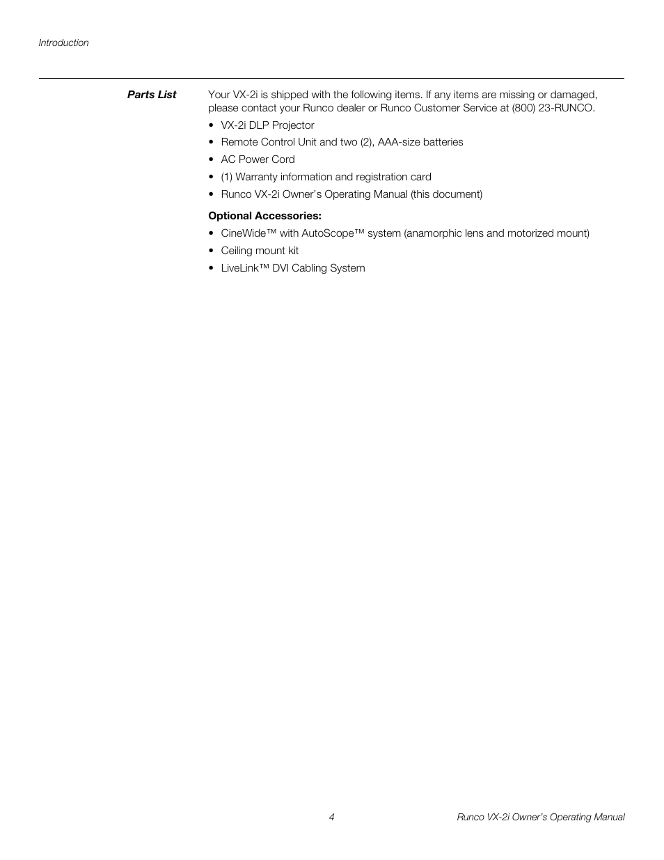 Parts list, Optional accessories | Runco VX-2i User Manual | Page 14 / 60
