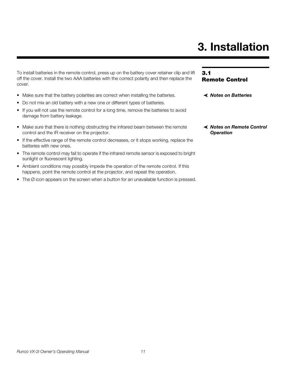 Installation, 1 remote control, Notes on batteries | Notes on remote control operation, Remote control | Runco VX-2i User Manual | Page 21 / 60