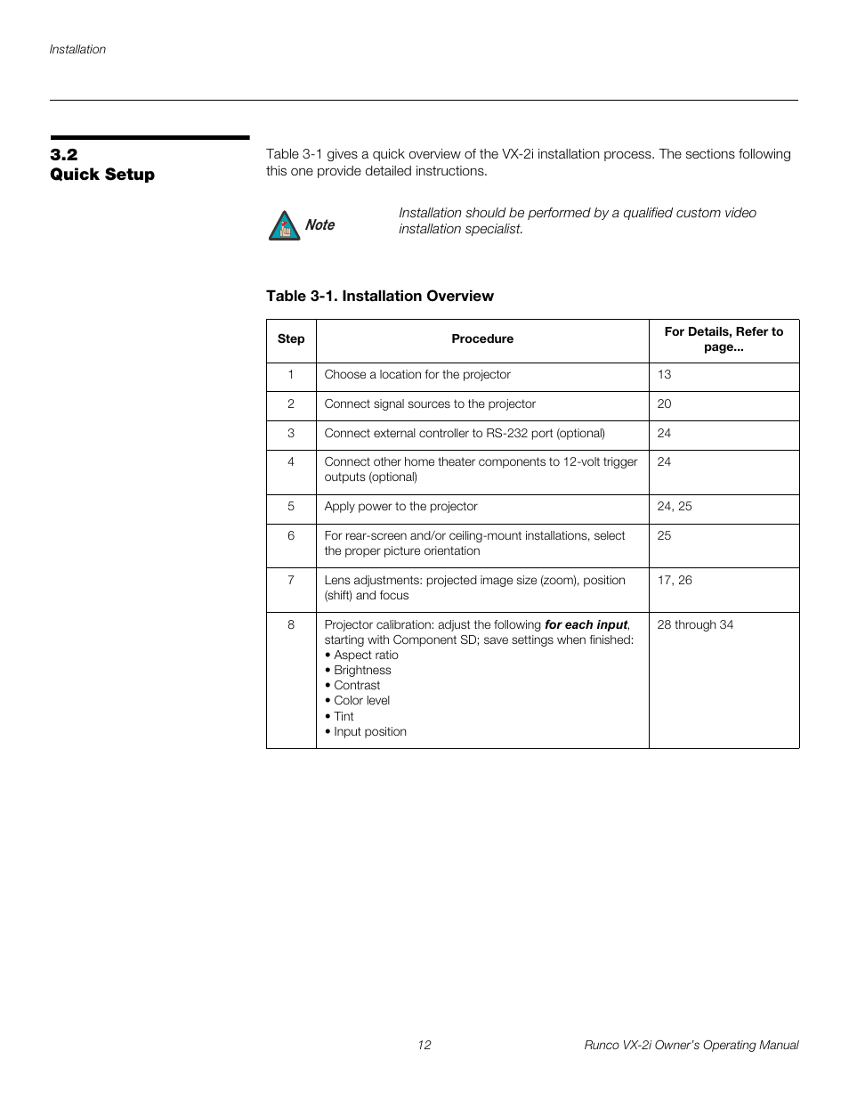 2 quick setup, Table 3-1 . installation overview, Quick setup | Runco VX-2i User Manual | Page 22 / 60