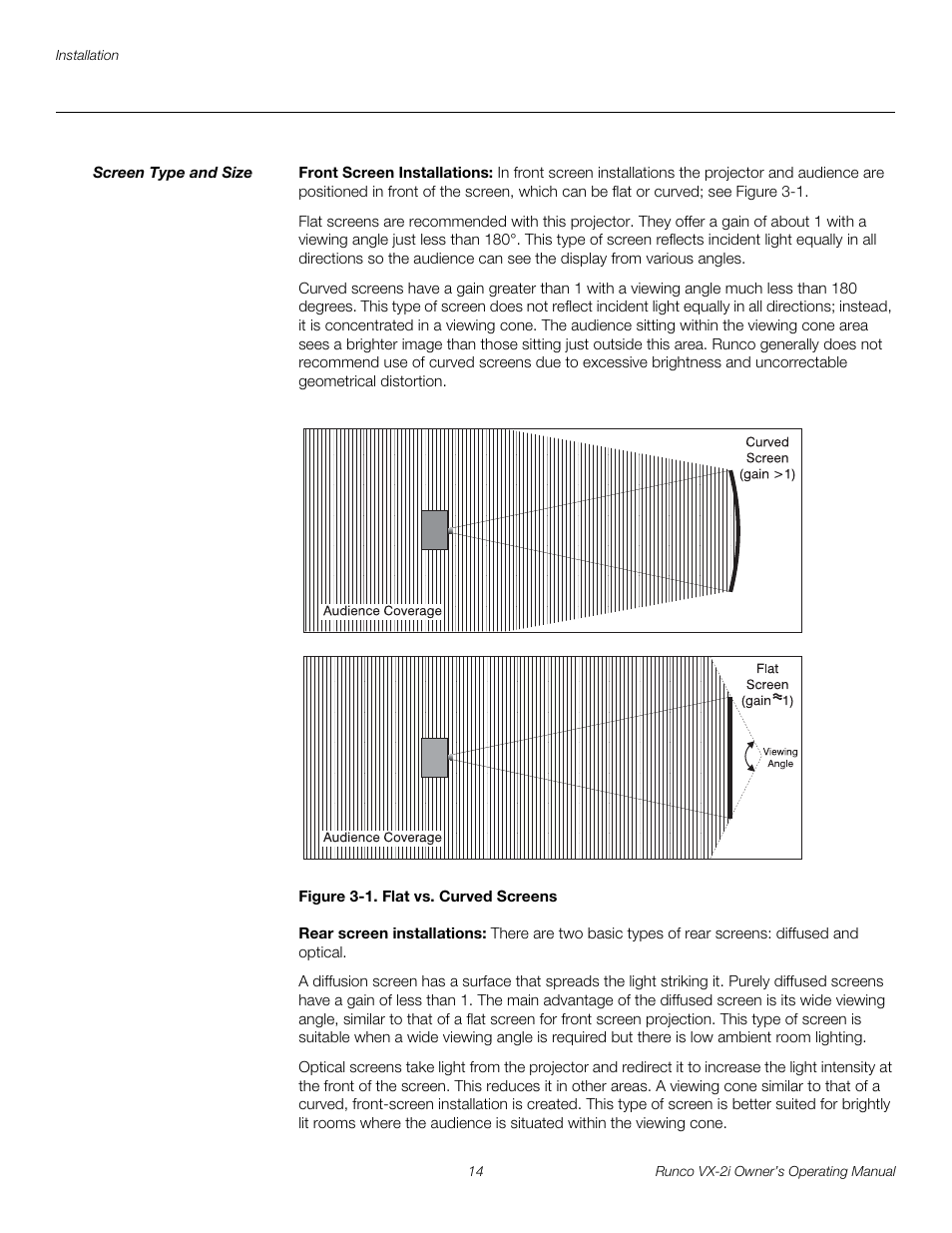 Screen type and size, Front screen installations, Figure 3-1 . flat vs. curved screens | Rear screen installations, 1. flat vs. curved screens | Runco VX-2i User Manual | Page 24 / 60