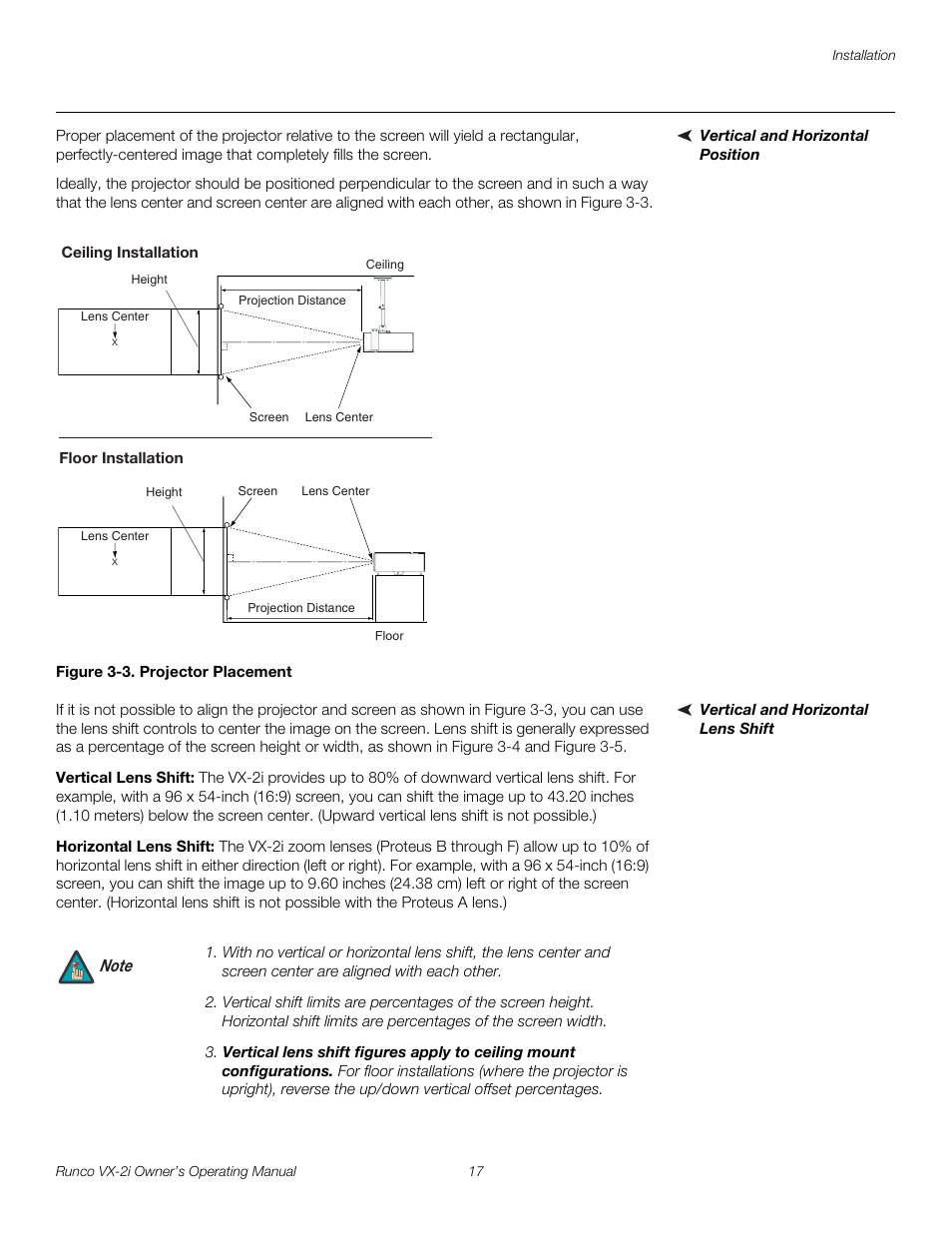 Vertical and horizontal position, Figure 3-3 . projector placement, Vertical and horizontal lens shift | Vertical lens shift, Horizontal lens shift, 3. projector placement | Runco VX-2i User Manual | Page 27 / 60