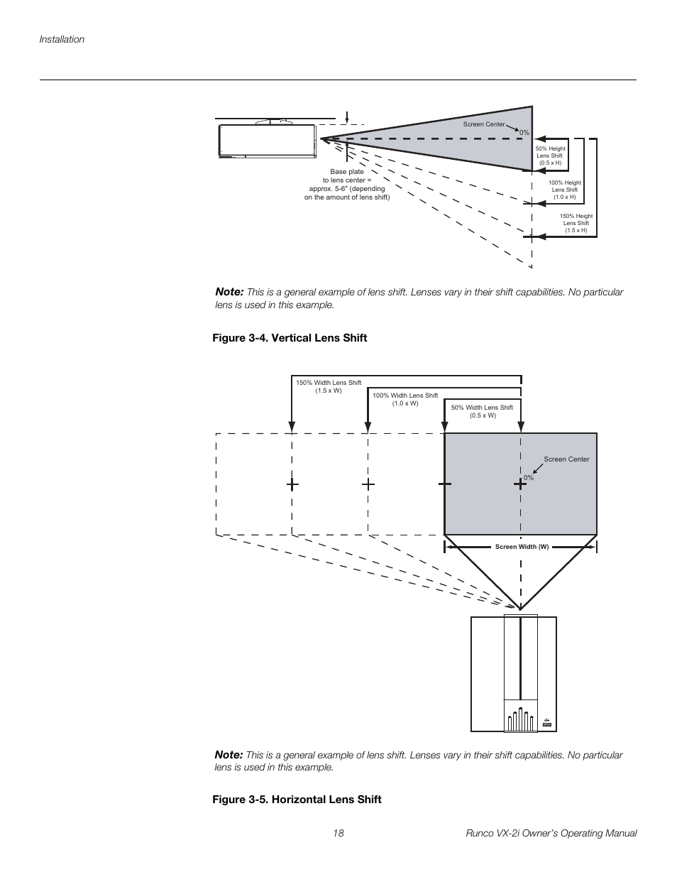 Figure 3-4 . vertical lens shift, Figure 3-5 . horizontal lens shift, 4. vertical lens shift | 5. horizontal lens shift, Figure 3-4 and figure 3-5 | Runco VX-2i User Manual | Page 28 / 60