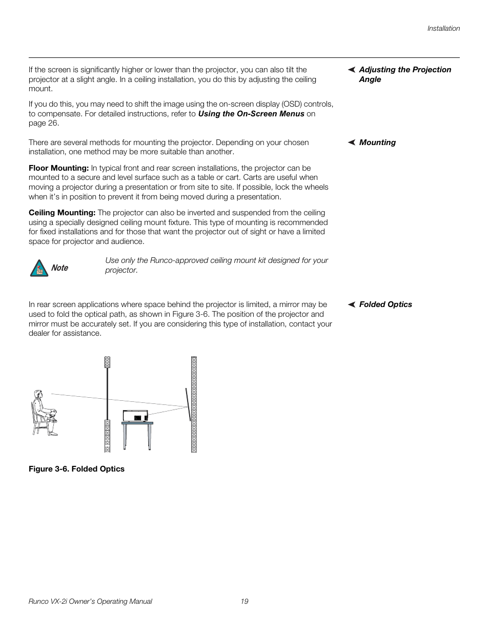 Adjusting the projection angle, Mounting, Floor mounting | Ceiling mounting, Folded optics, Figure 3-6 . folded optics, 6. folded optics | Runco VX-2i User Manual | Page 29 / 60