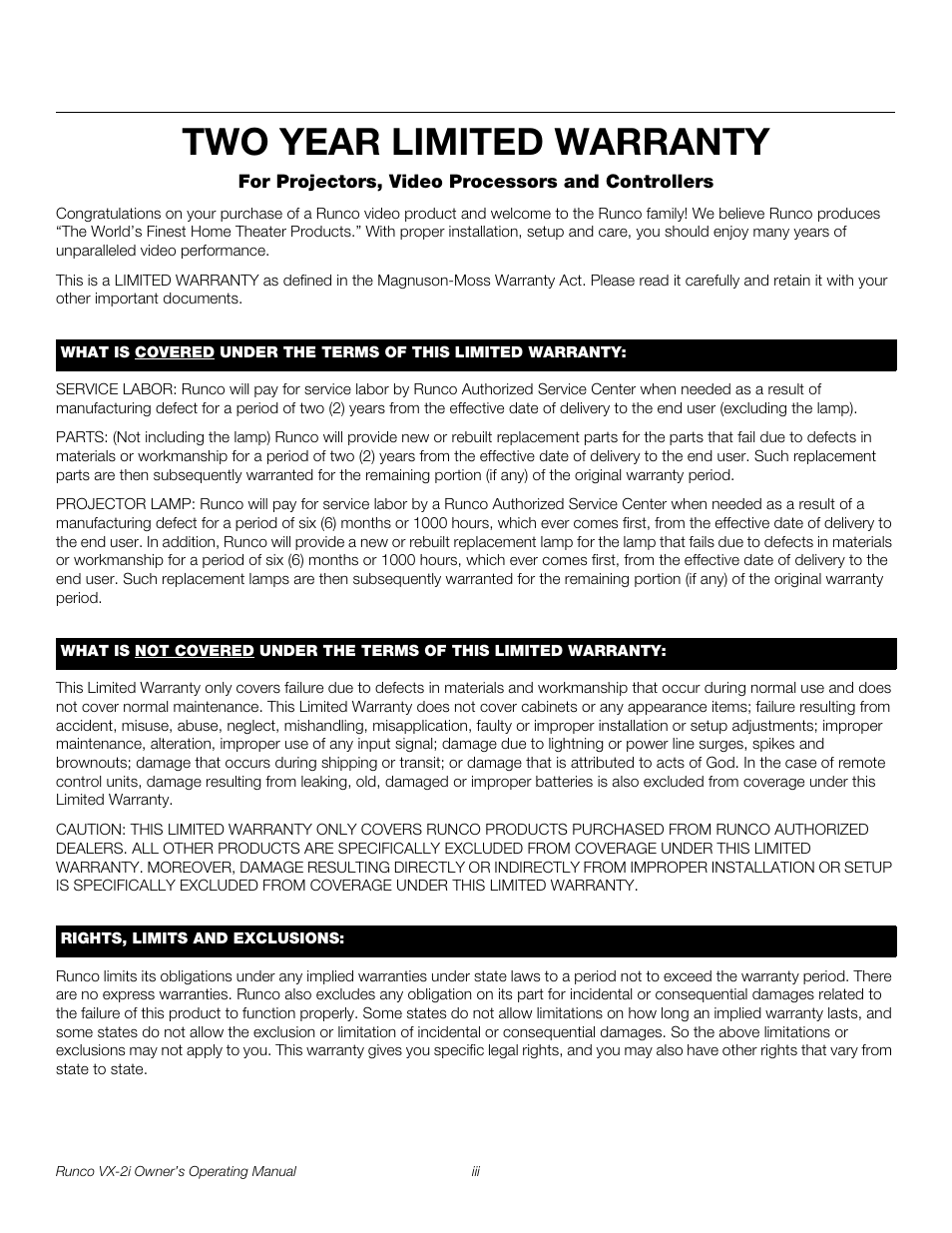 Two year limited warranty | Runco VX-2i User Manual | Page 3 / 60