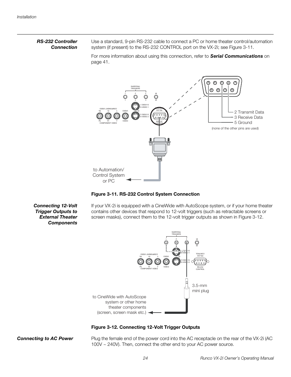 Rs-232 controller connection, Figure 3-11 . rs-232 control system connection, Figure 3-12 . connecting 12-volt trigger outputs | Connecting to ac power, 11. rs-232 control system connection, 12. connecting 12-volt trigger outputs, 2 transmit data 3 receive data 5 ground | Runco VX-2i User Manual | Page 34 / 60