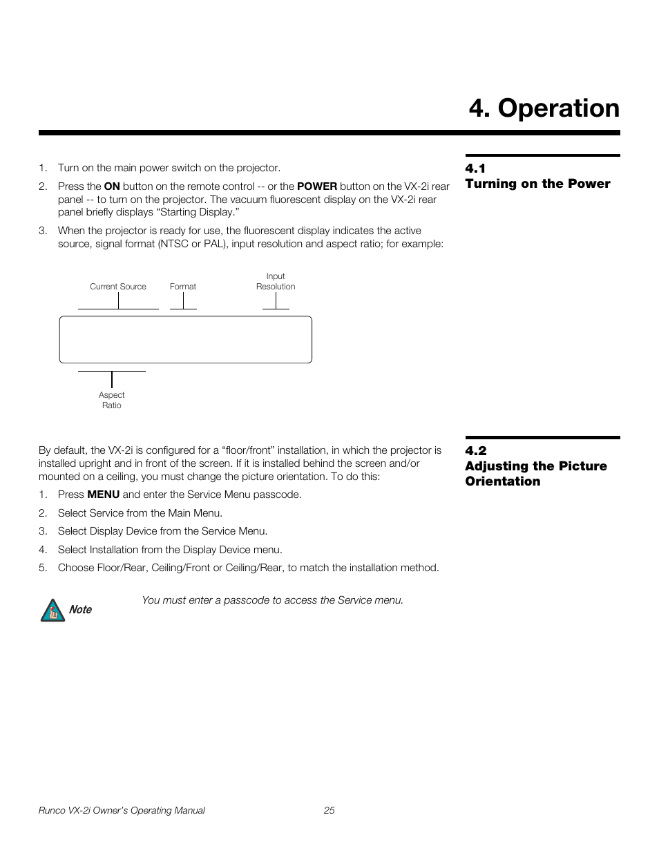 Operation, 1 turning on the power, 2 adjusting the picture orientation | Turning on the power, Adjusting the picture orientation | Runco VX-2i User Manual | Page 35 / 60