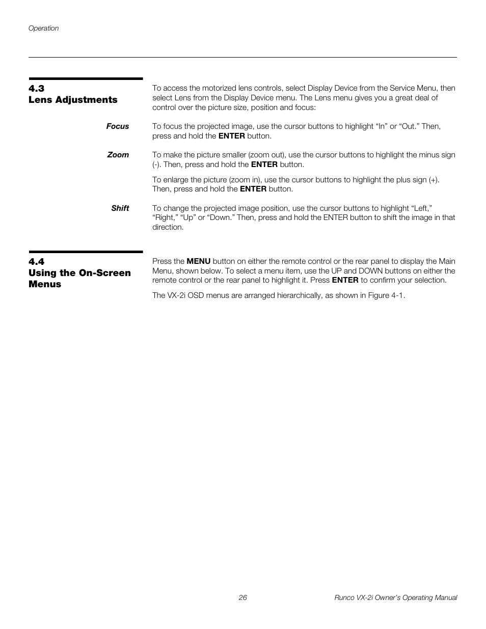 3 lens adjustments, Focus, Zoom | Shift, 4 using the on-screen menus, Lens adjustments, Using the on-screen menus, Using the on-screen menus on | Runco VX-2i User Manual | Page 36 / 60