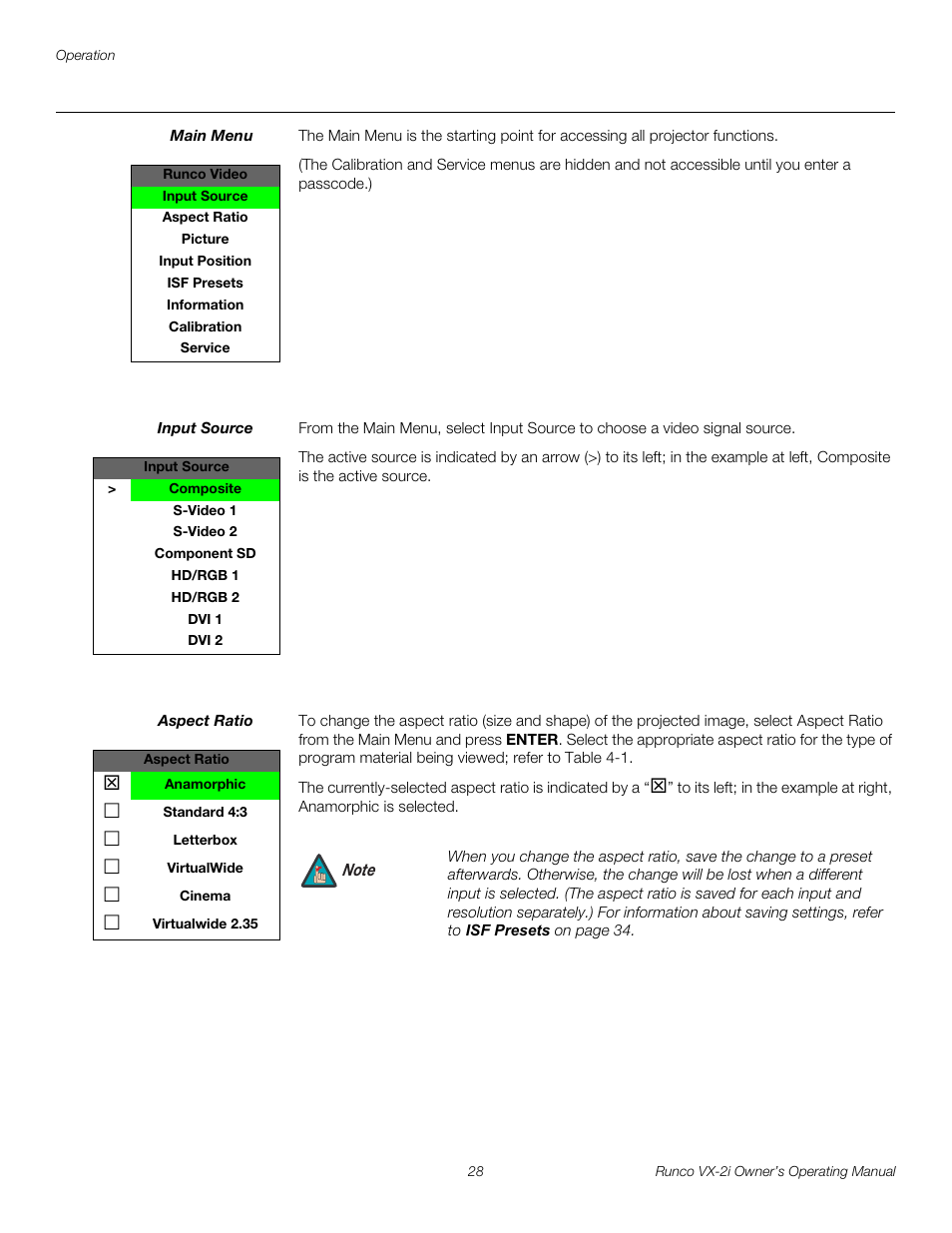 Main menu, Input source, Aspect ratio | Runco VX-2i User Manual | Page 38 / 60