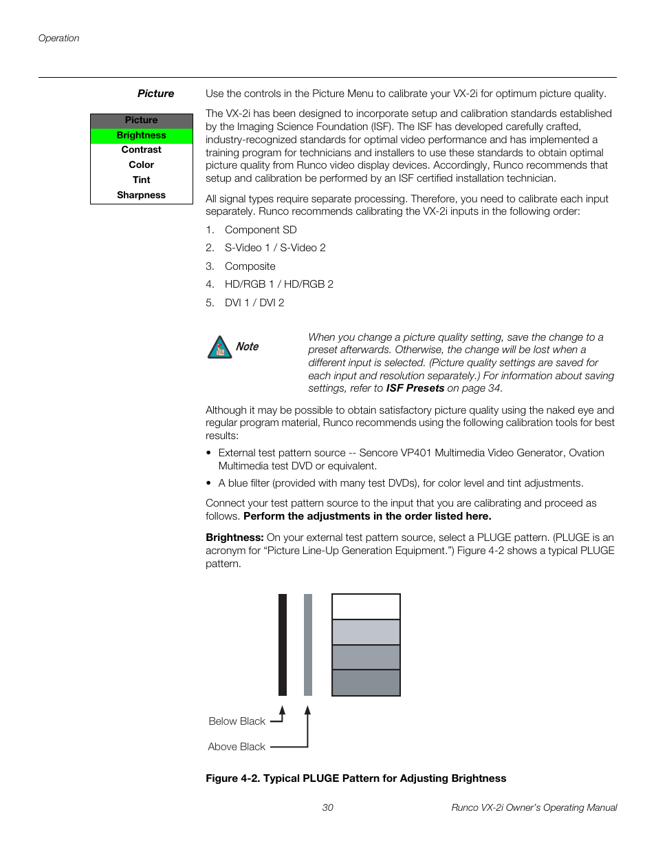 Picture, Brightness, 2. typical pluge pattern for adjusting brightness | Runco VX-2i User Manual | Page 40 / 60