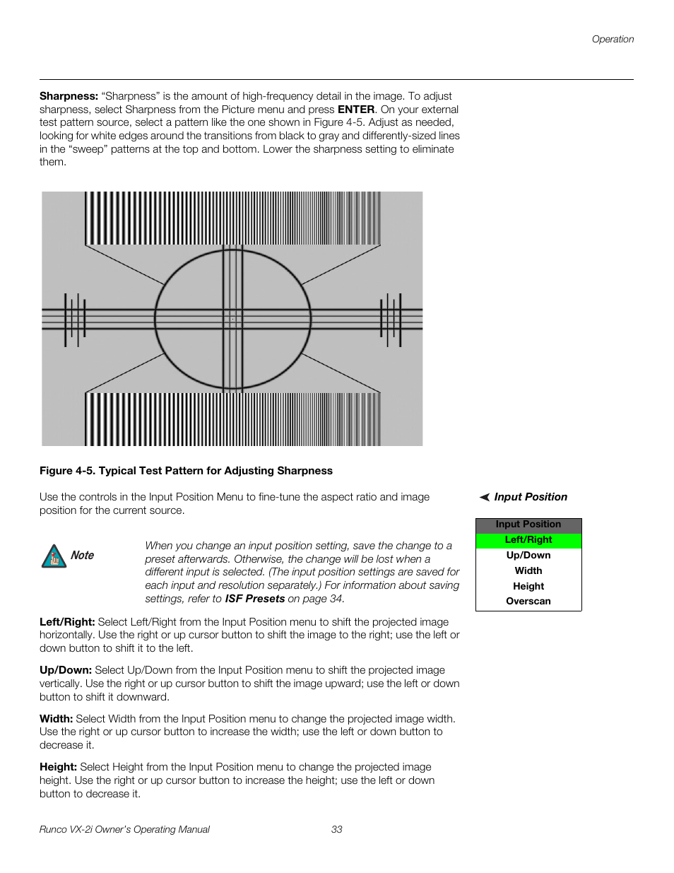 Sharpness, Input position, Left/right | Up/down, Width, Height, 5. typical test pattern for adjusting sharpness | Runco VX-2i User Manual | Page 43 / 60
