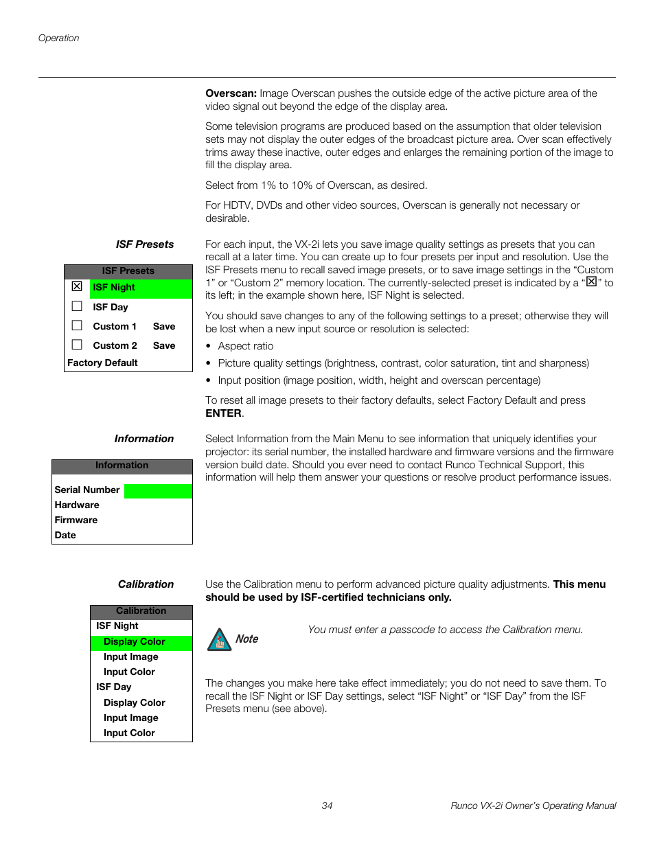 Overscan, Isf presets, Information | Calibration, H 34 | Runco VX-2i User Manual | Page 44 / 60