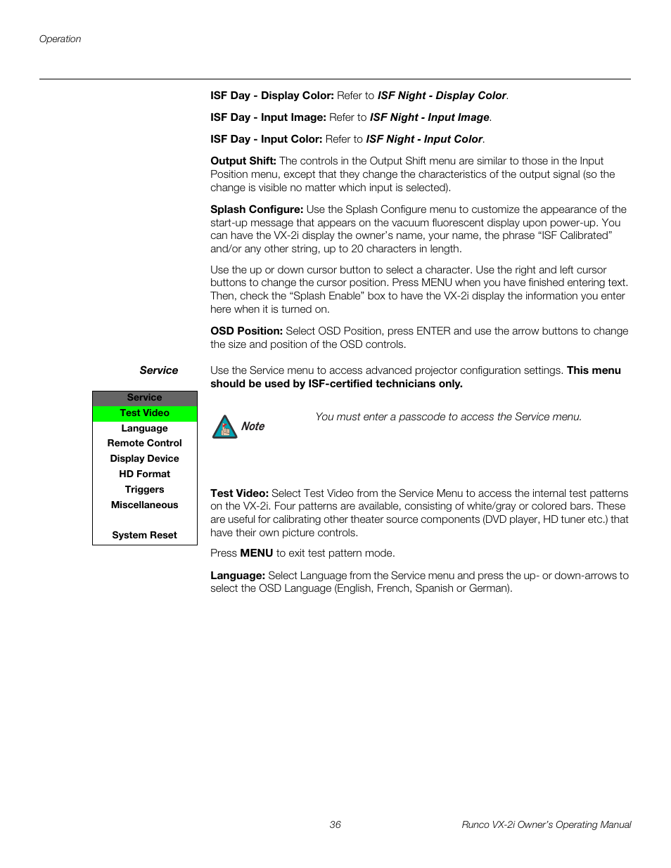 Isf day - display color, Isf day - input image, Isf day - input color | Output shift, Splash configure, Osd position, Service, Test video, Language | Runco VX-2i User Manual | Page 46 / 60
