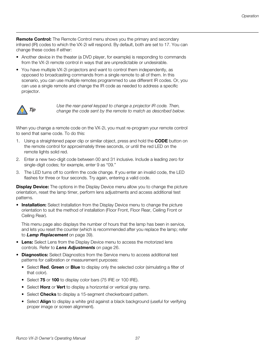 Remote control, Display device | Runco VX-2i User Manual | Page 47 / 60