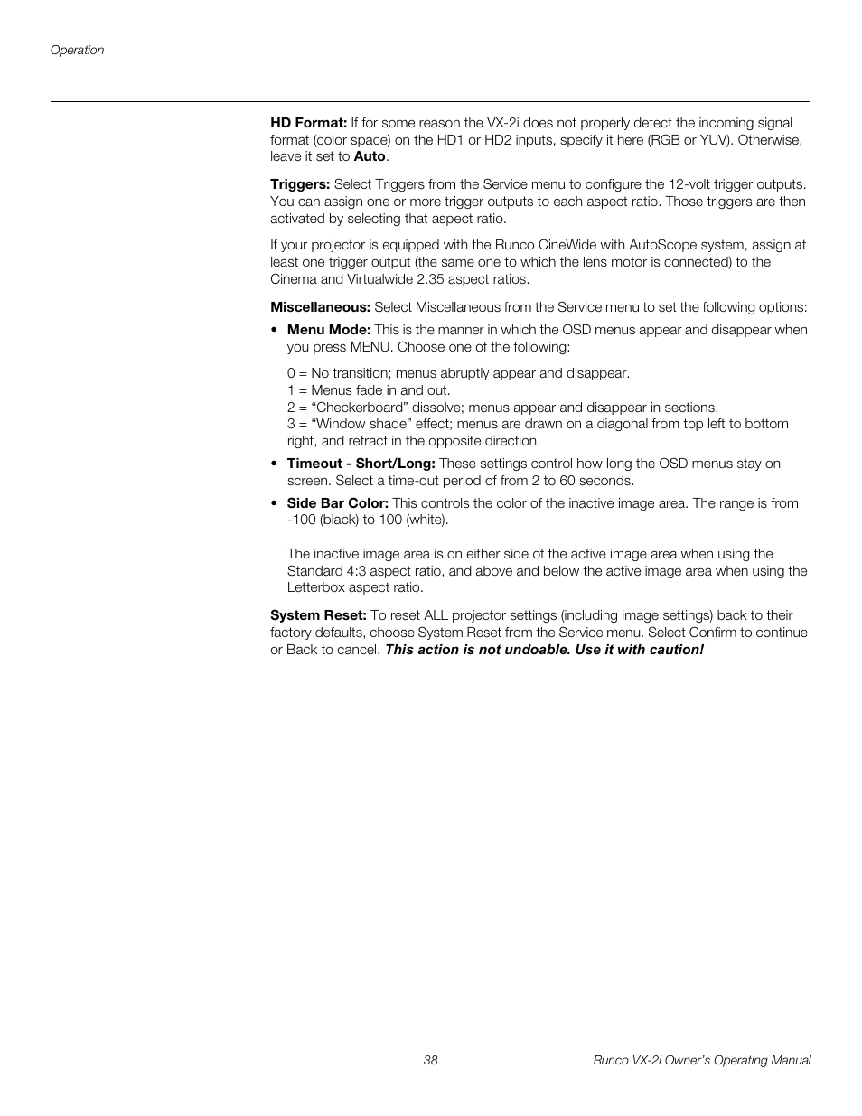 Hd format, Triggers, Miscellaneous | System reset | Runco VX-2i User Manual | Page 48 / 60