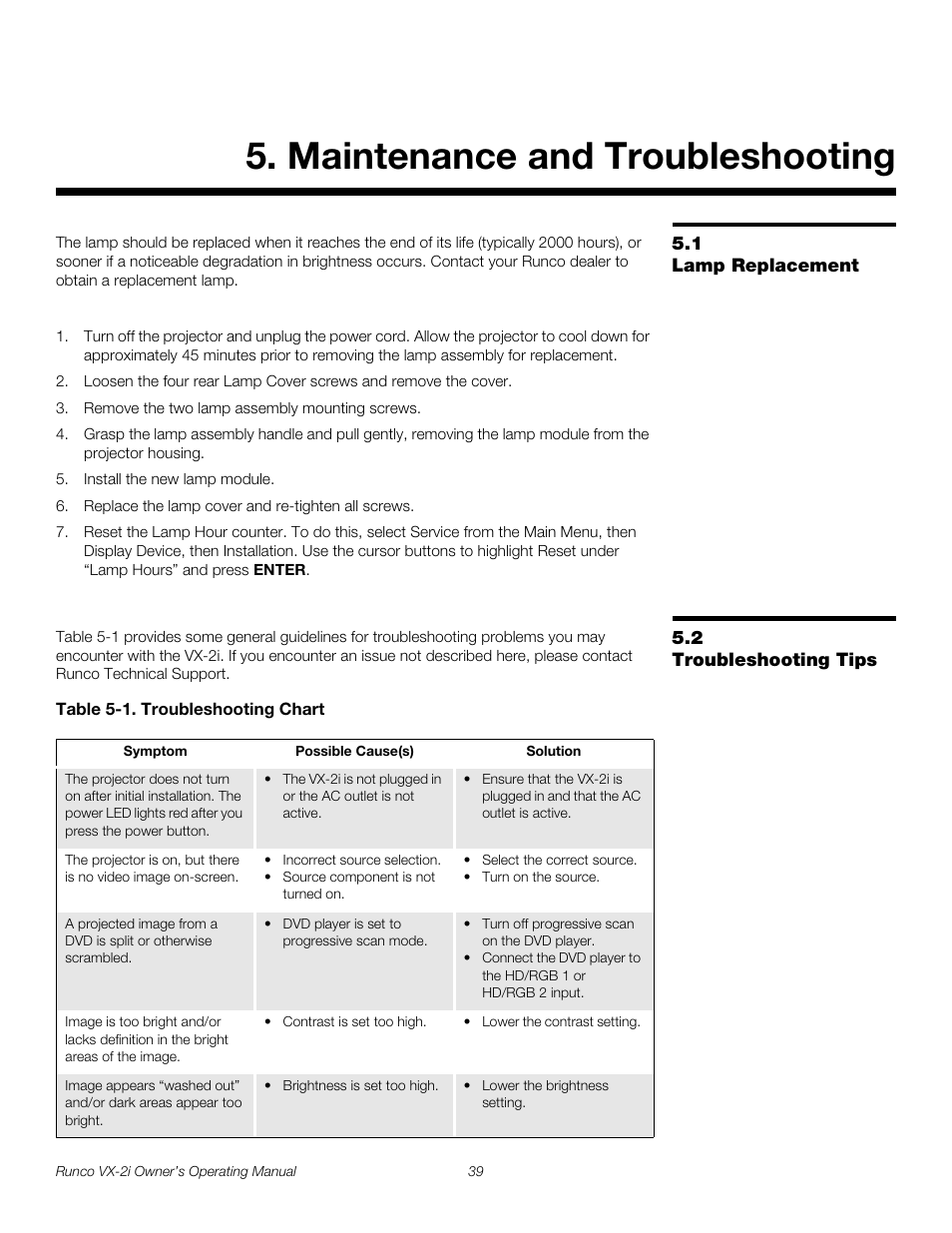 Maintenance and troubleshooting, 1 lamp replacement, 2 troubleshooting tips | Table 5-1 . troubleshooting chart, Lamp replacement, Troubleshooting tips | Runco VX-2i User Manual | Page 49 / 60