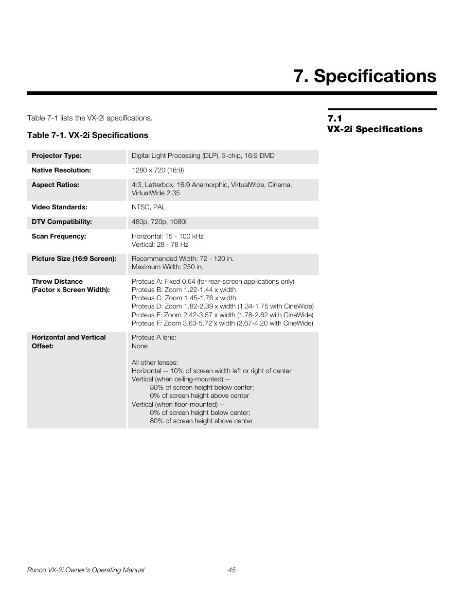 Specifications, 1 vx-2i specifications, Table 7-1 . vx-2i specifications | Vx-2i specifications | Runco VX-2i User Manual | Page 55 / 60