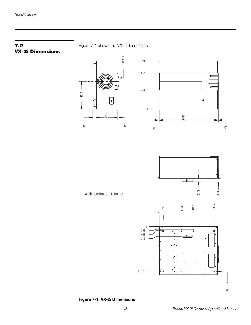 2 vx-2i dimensions, Figure 7-1 . vx-2i dimensions, Vx-2i dimensions | 1. vx-2i dimensions, All dimensions are in inches | Runco VX-2i User Manual | Page 58 / 60