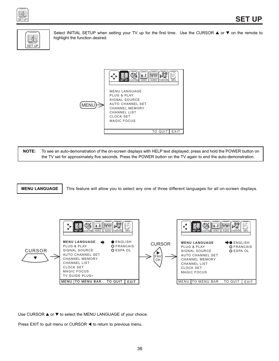Set up, Menu | Runco 53SBX59B User Manual | Page 36 / 72