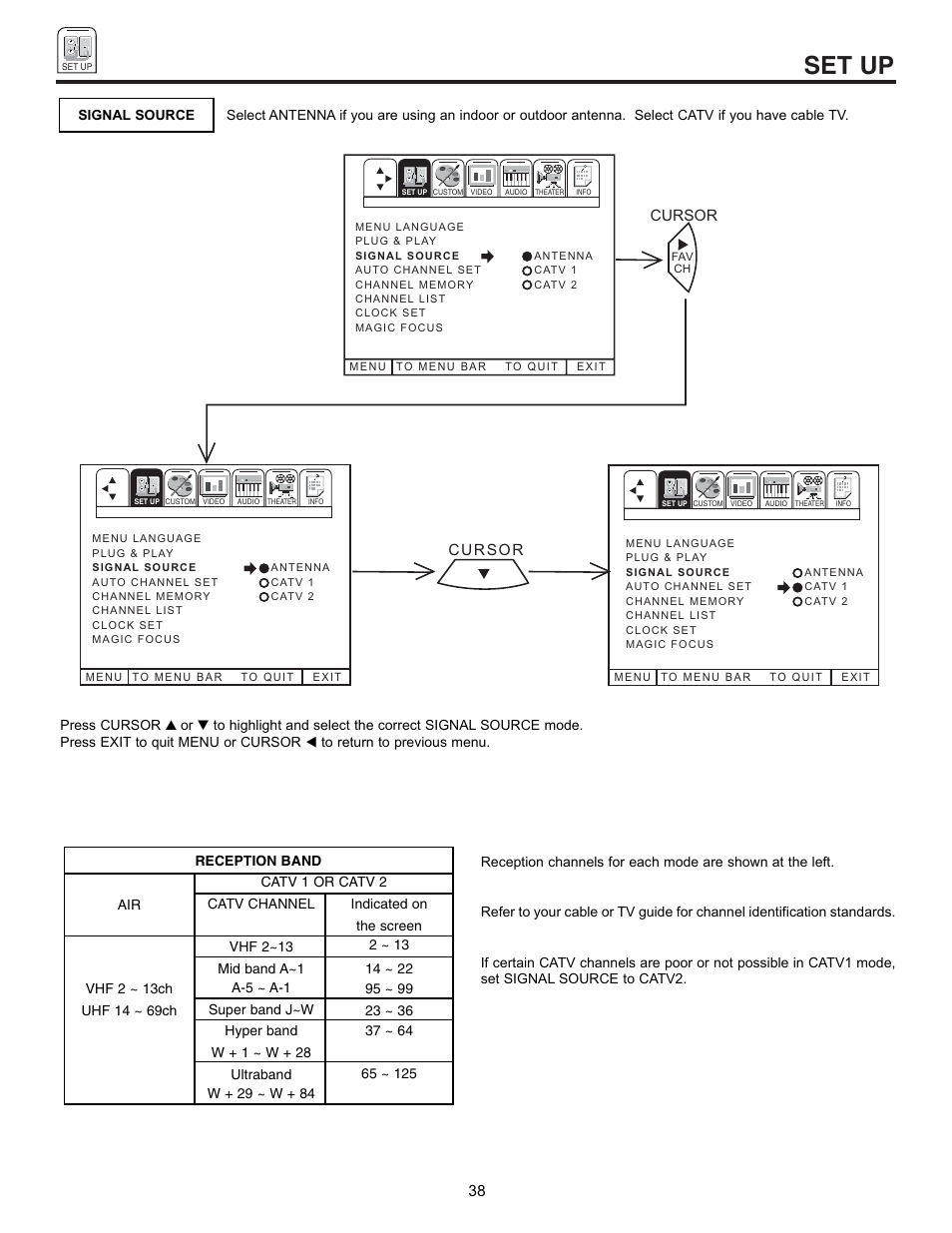 Set up, Cursor | Runco 53SBX59B User Manual | Page 38 / 72