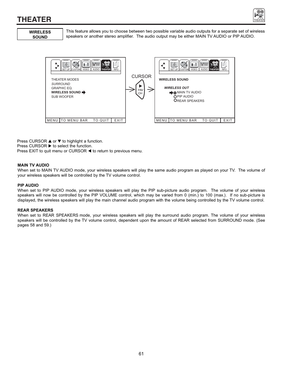 Theater, Cursor | Runco 53SBX59B User Manual | Page 61 / 72