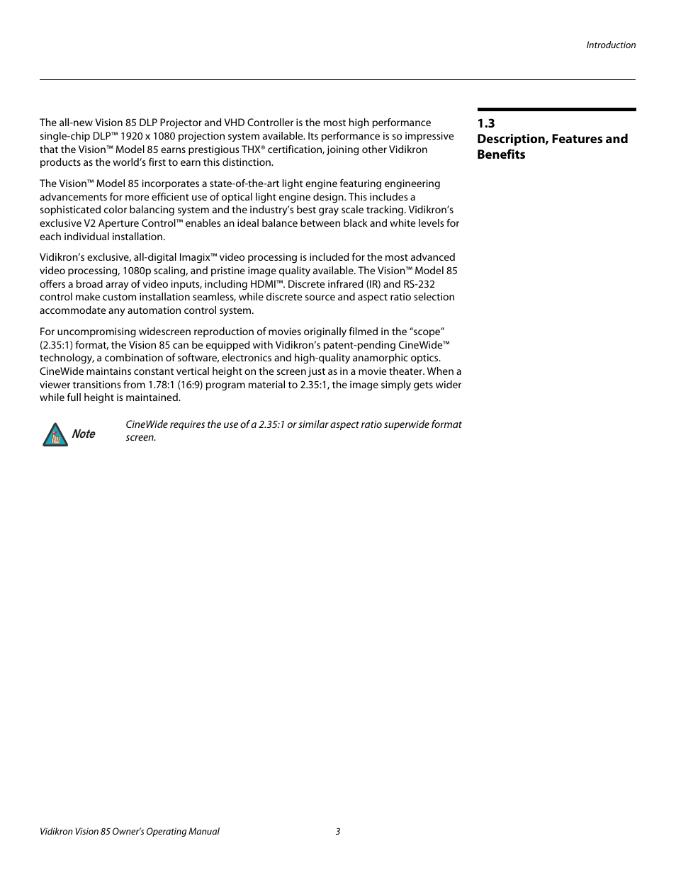 3 description, features and benefits, Description, features and benefits, Pre l iminar y | Runco Vision 85 User Manual | Page 15 / 88