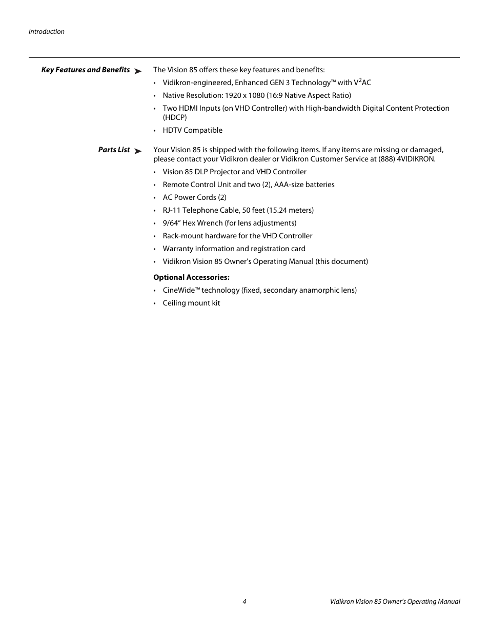 Key features and benefits, Parts list, Optional accessories | Pre l iminar y | Runco Vision 85 User Manual | Page 16 / 88