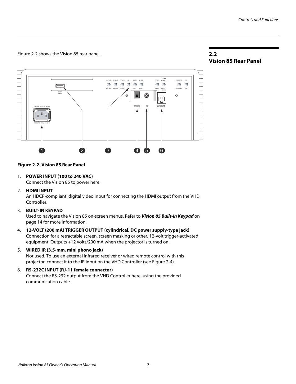 2 vision 85 rear panel, Figure 2-2 . vision 85 rear panel, Iminar | Vision 85 rear panel, 2. vision 85 rear panel, Pre l iminar y | Runco Vision 85 User Manual | Page 19 / 88