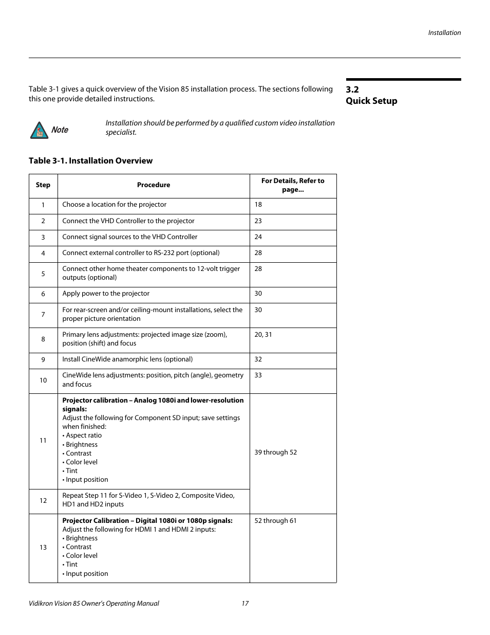 2 quick setup, Table 3-1 . installation overview, Quick setup | Pre l iminar y | Runco Vision 85 User Manual | Page 29 / 88