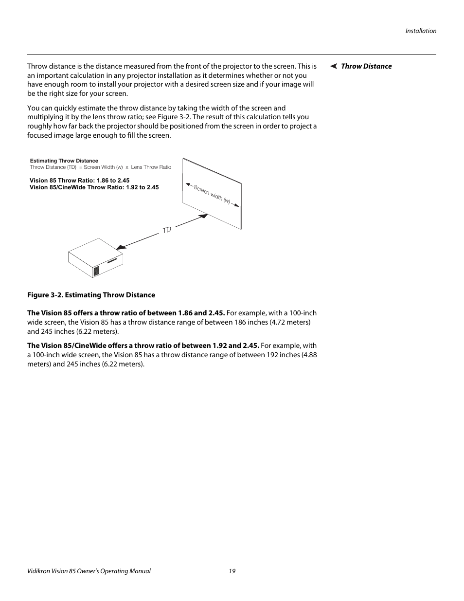 Throw distance, Figure 3-2 . estimating throw distance, 2. estimating throw distance | Pre l iminar y | Runco Vision 85 User Manual | Page 31 / 88