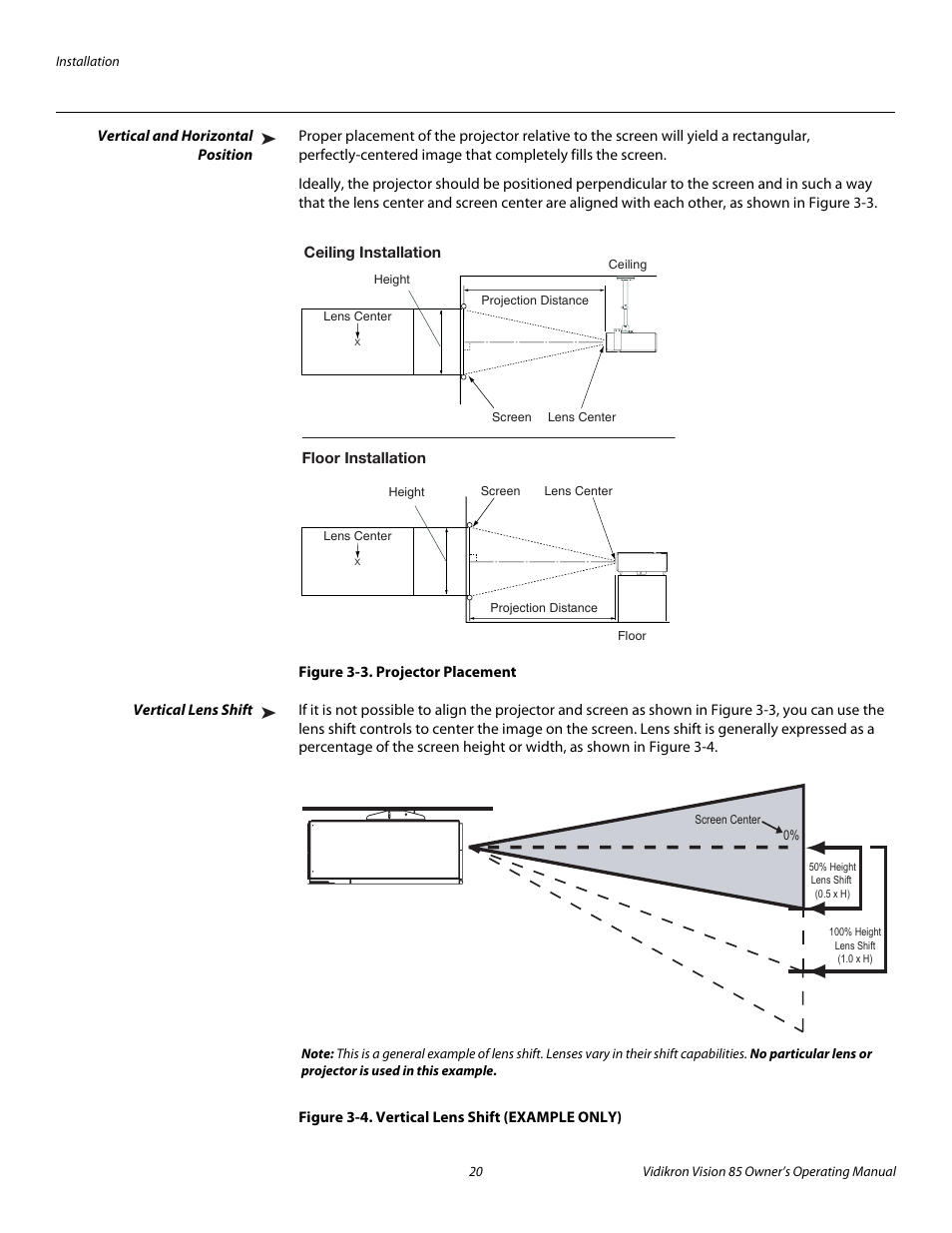 Vertical and horizontal position, Figure 3-3 . projector placement, Vertical lens shift | Figure 3-4 . vertical lens shift (example only), 3. projector placement, 4. vertical lens shift (example only), Pre l iminar y | Runco Vision 85 User Manual | Page 32 / 88