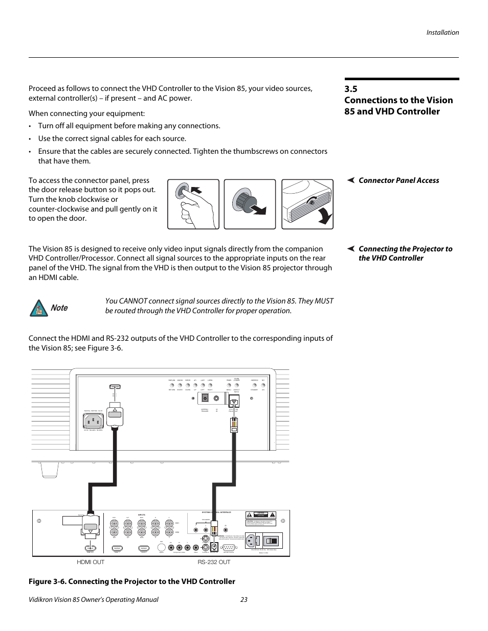 5 connections to the vision 85 and vhd controller, Connector panel access, Connecting the projector to the vhd controller | Connections to the vision 85 and vhd controller, 6. connecting the projector to the vhd controller, Pre l iminar y, Risk of electric shock do not open | Runco Vision 85 User Manual | Page 35 / 88